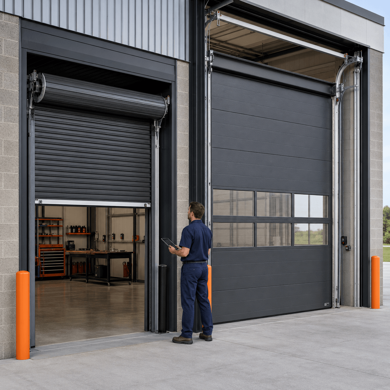 Rolling-steel and insulated sectional commercial garage doors designed for different facility requirements