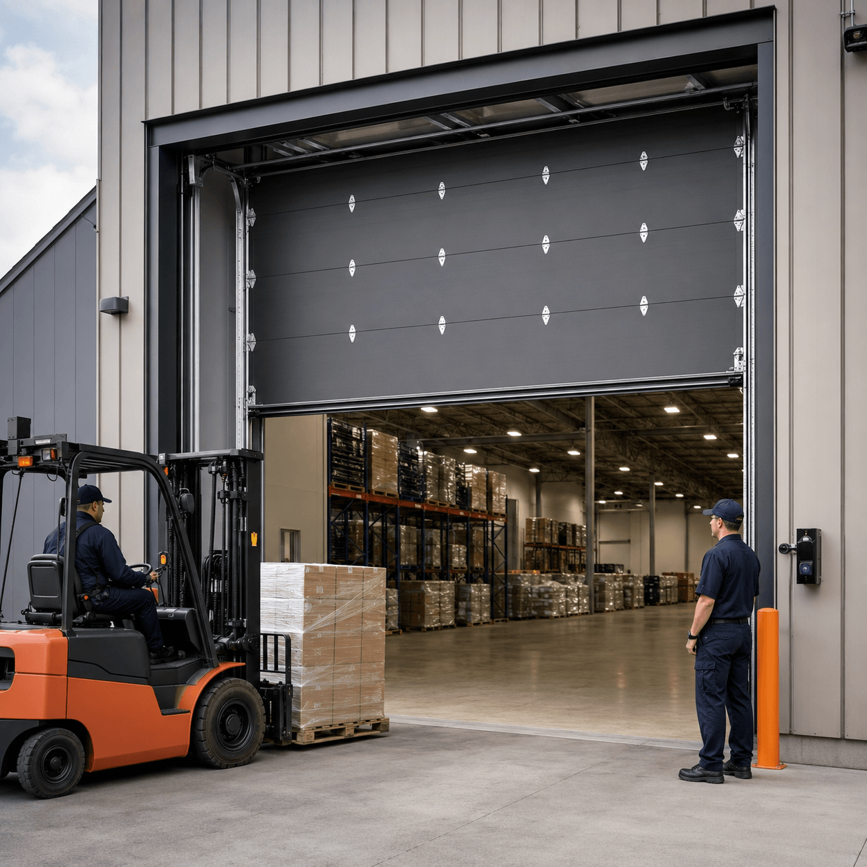 High-cycle insulated commercial garage door supporting warehouse traffic and daily operations in Fortville
