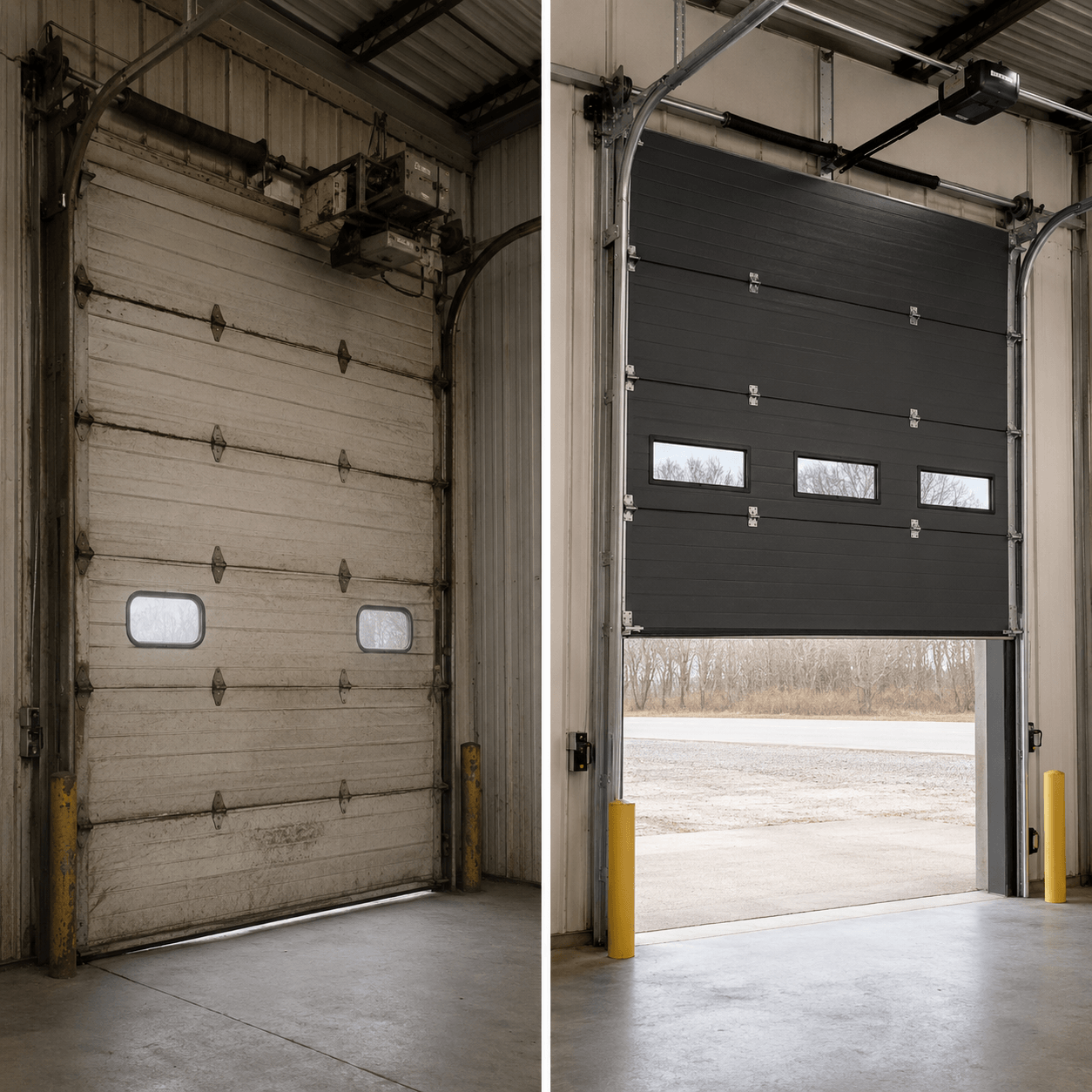 Before and after comparison of an old commercial sectional door and a modern insulated overhead door