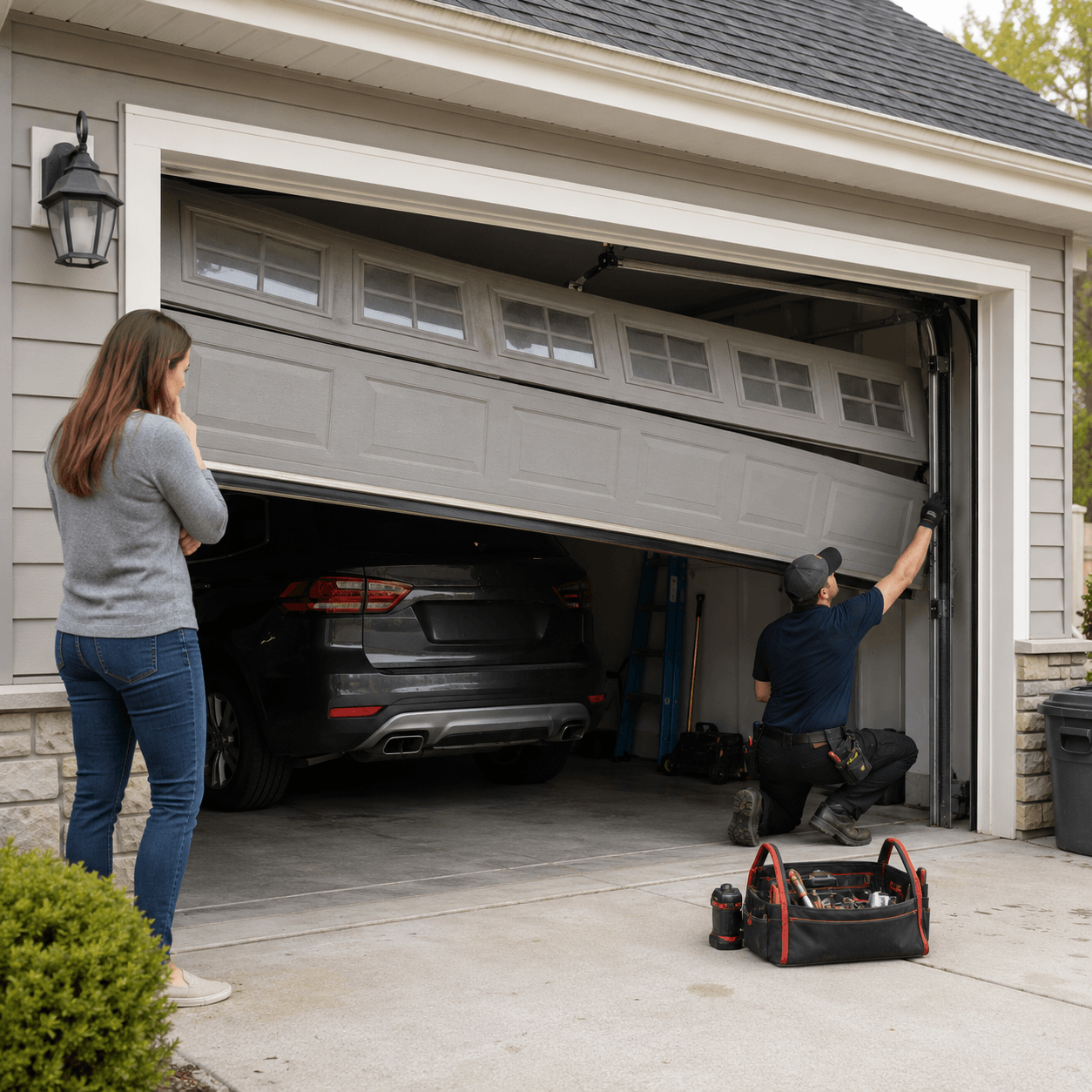 Technician repairing a jammed residential garage door during an emergency service call in Fortville IN