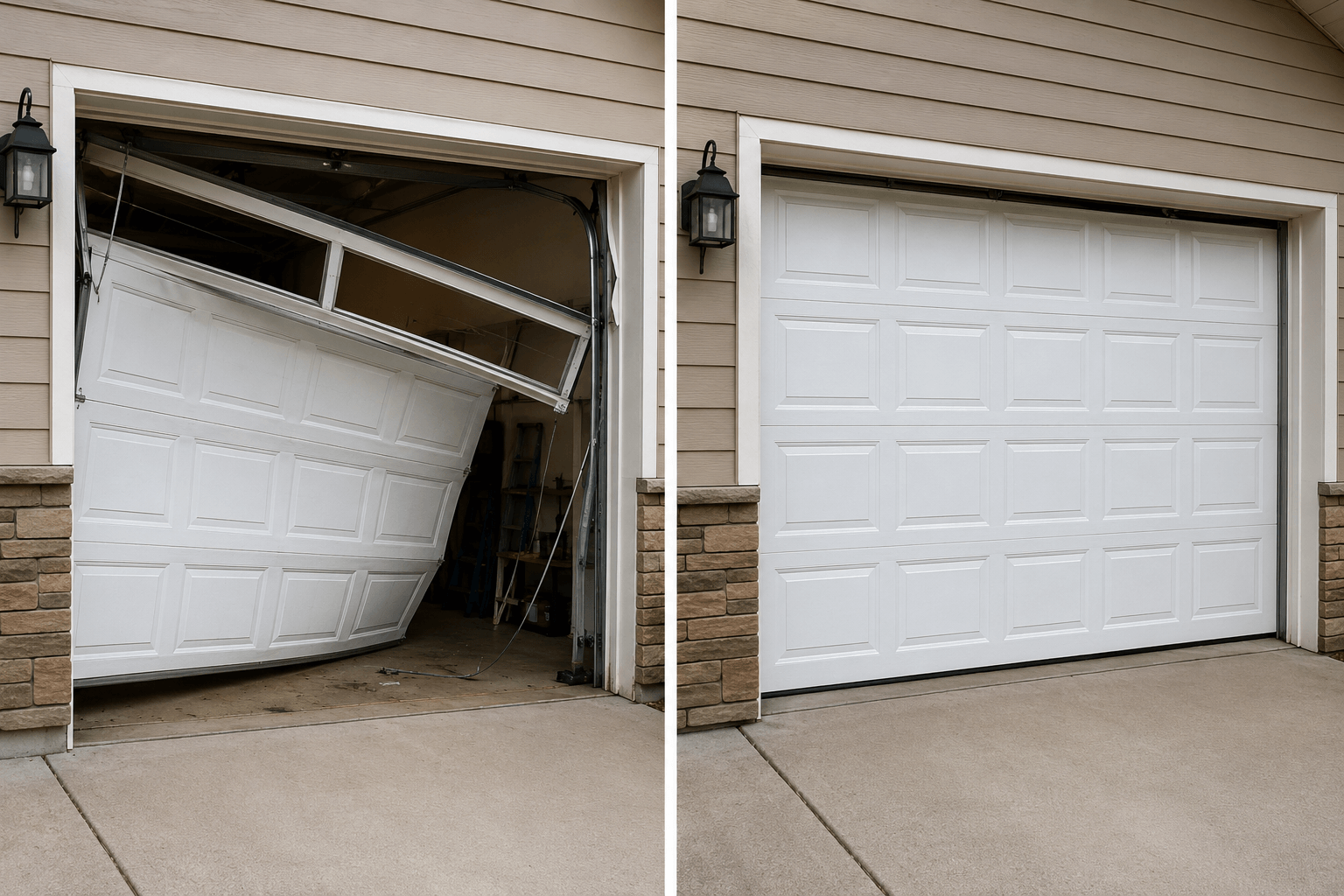 Before and after view of a displaced garage door in Fortville IN showing an off-track damaged door and the repaired aligned result