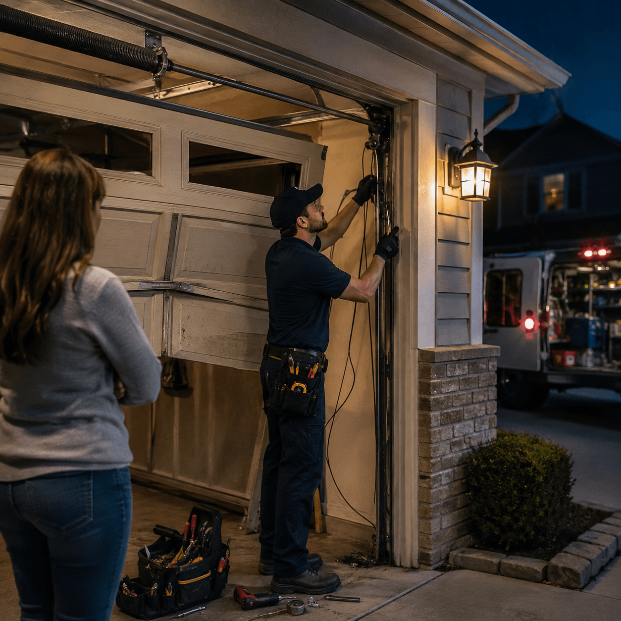 Garage door technician repairing a damaged residential garage door at night to restore secure access in Fortville IN