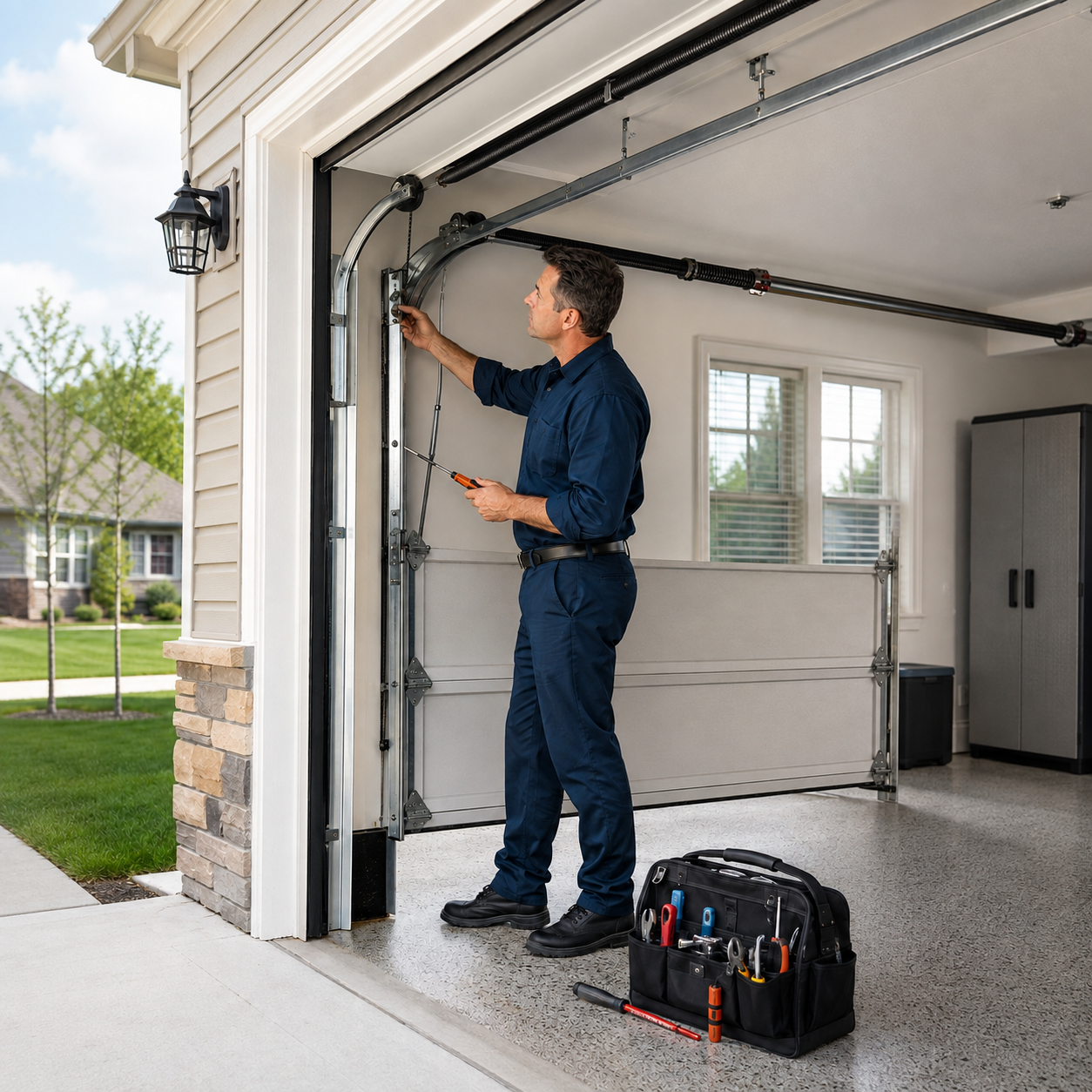 Garage door technician inspecting tracks, cables and safety hardware in Fortville Indiana