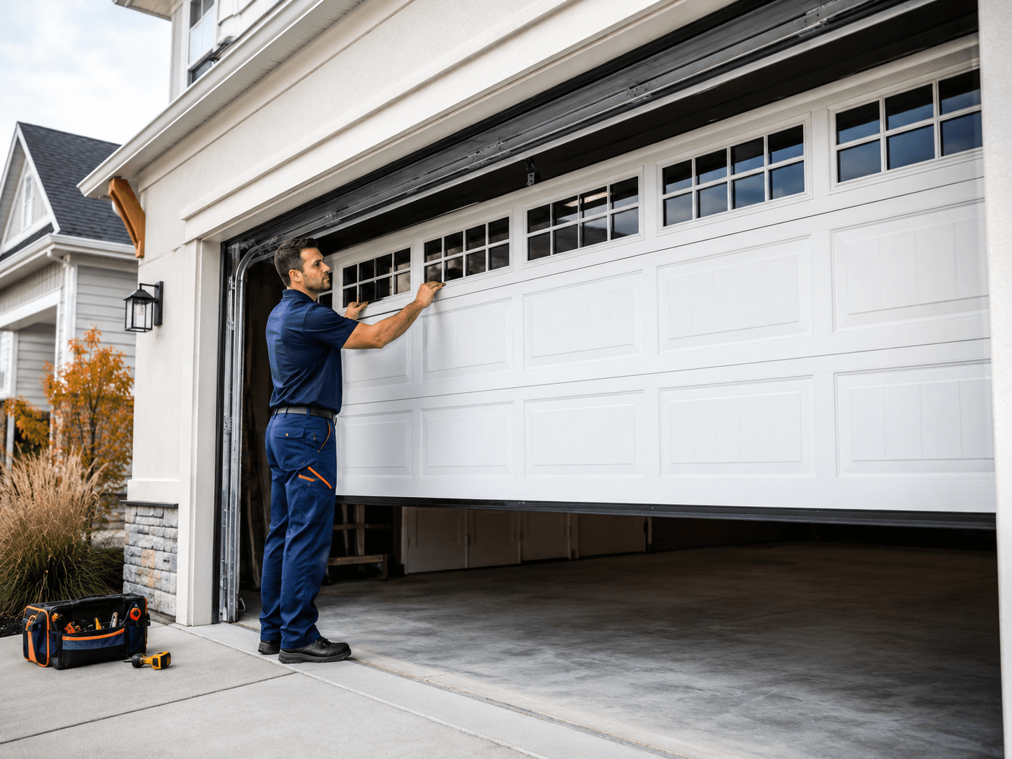 Technician installing a residential garage door in Fortville Garage Door
