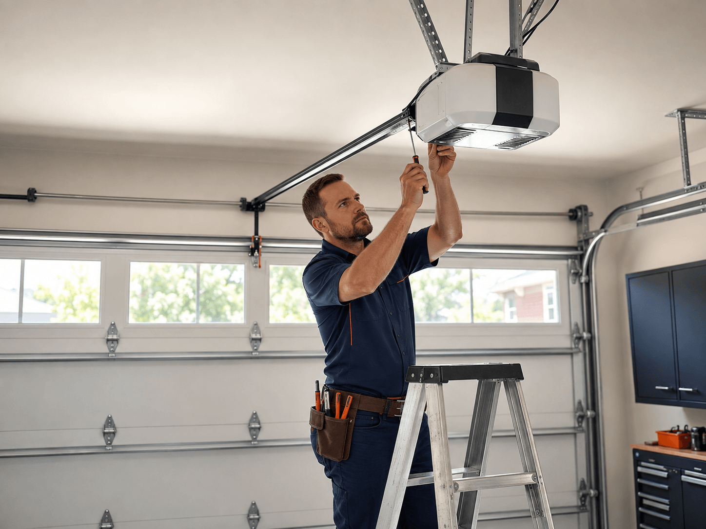 Technician repairing a garage door opener in Fortville Garage Door