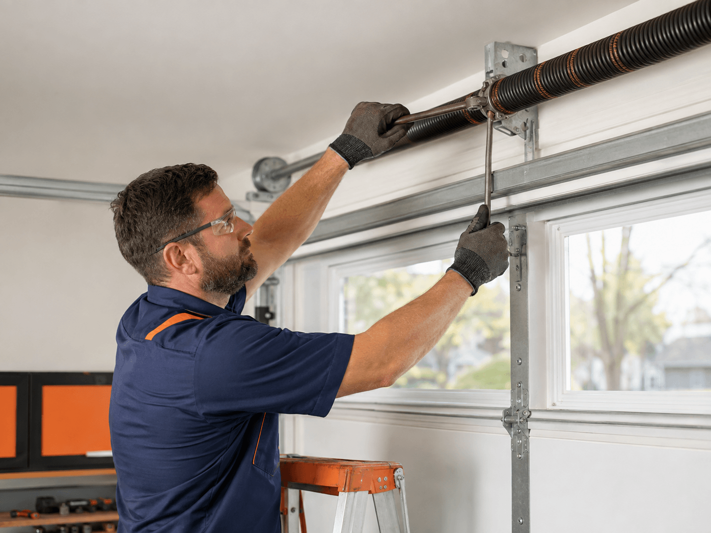 Technician performing garage door spring repair in Fortville Garage Door