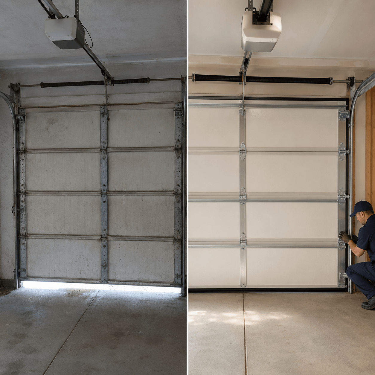 Old uninsulated garage door before upgrade and energy-efficient insulated garage door after installation