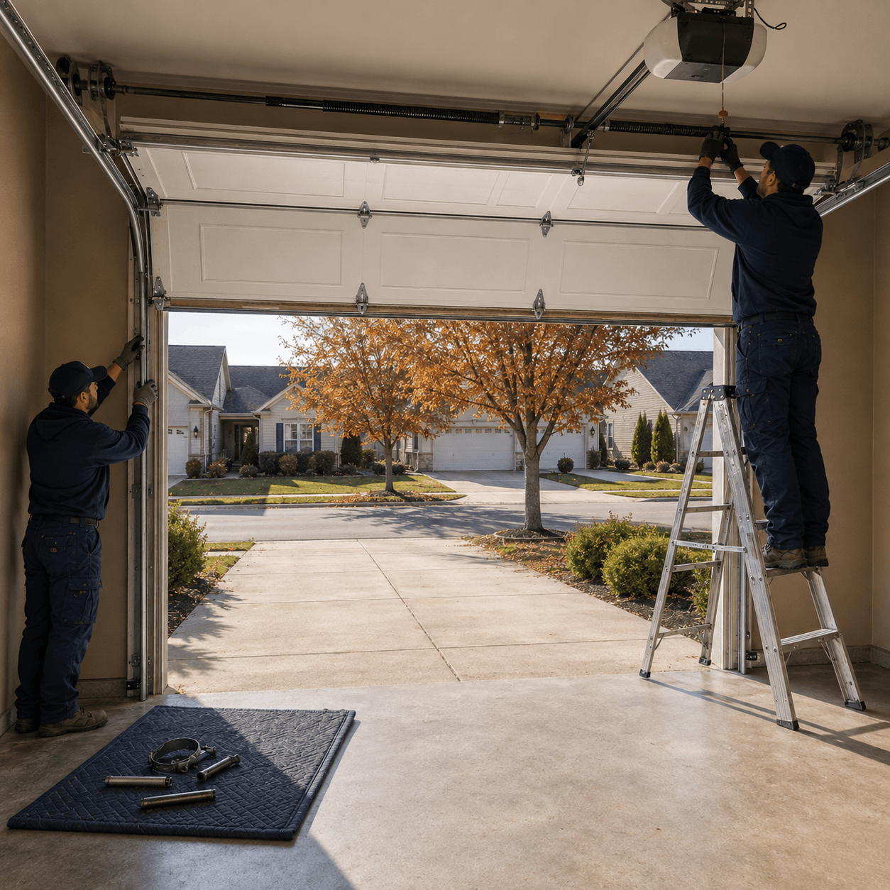 Technicians upgrading garage door tracks rollers springs and opener from inside a Fortville garage
