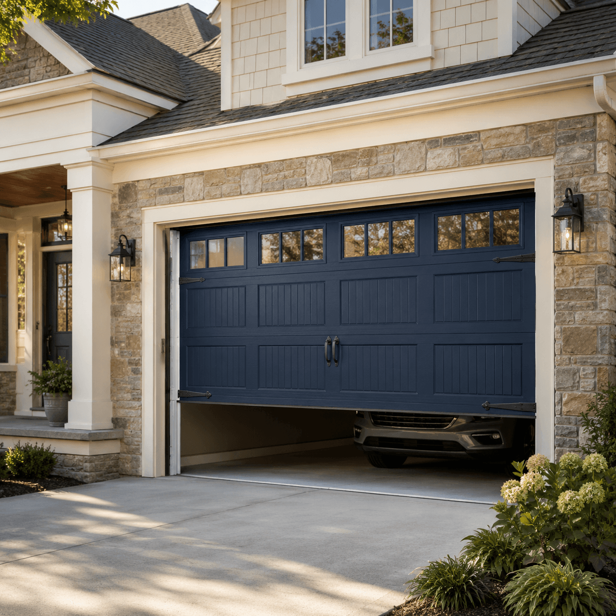 Premium insulated garage door complementing a modern Fortville Indiana home