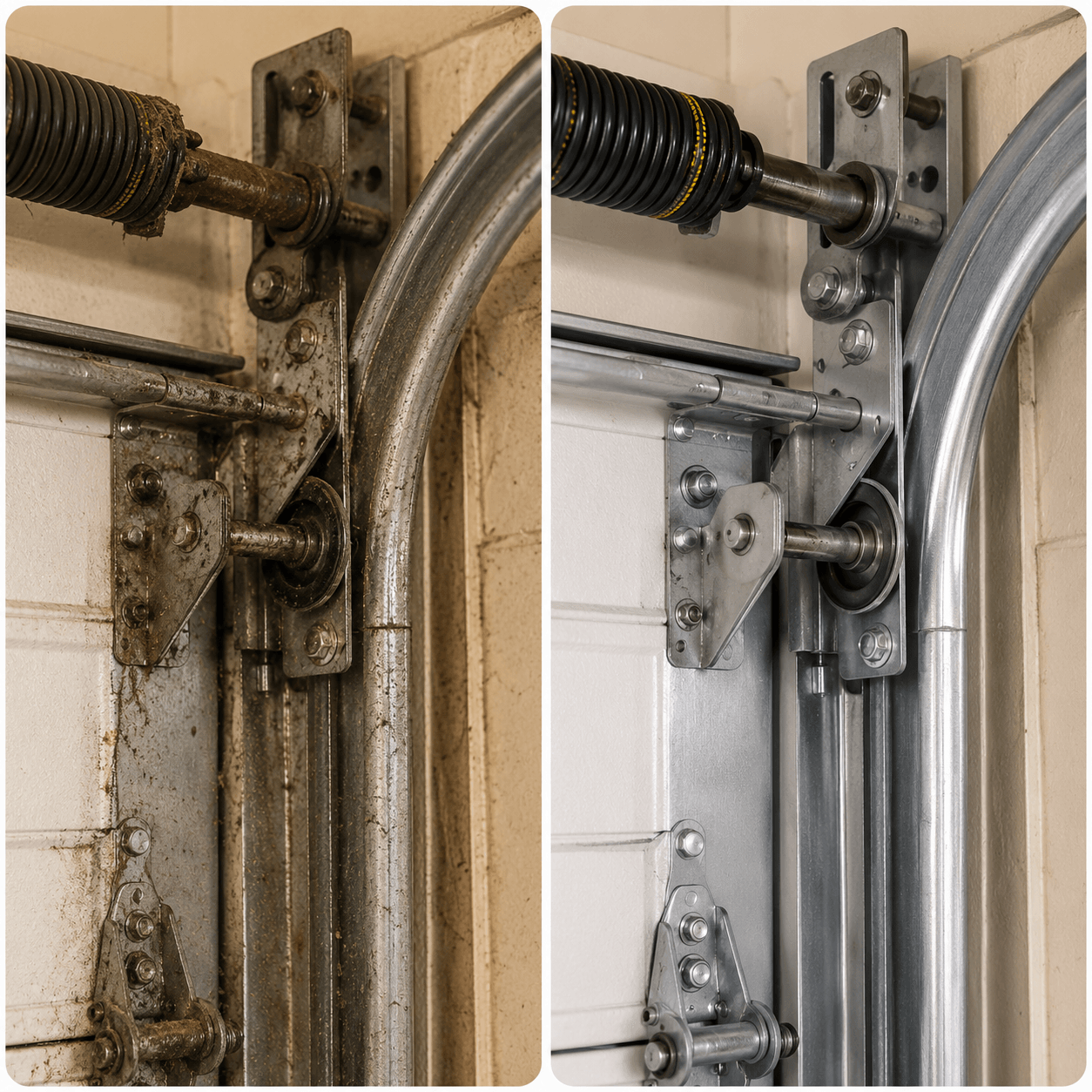 Before and after garage door maintenance showing worn rusty hardware compared with clean serviced components in Fortville IN