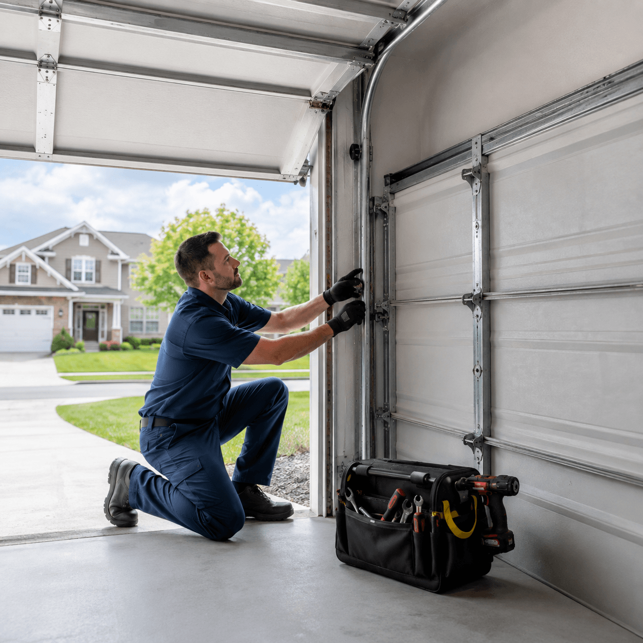 Garage door technician inspecting tracks rollers and hardware for early signs of wear in Fortville IN