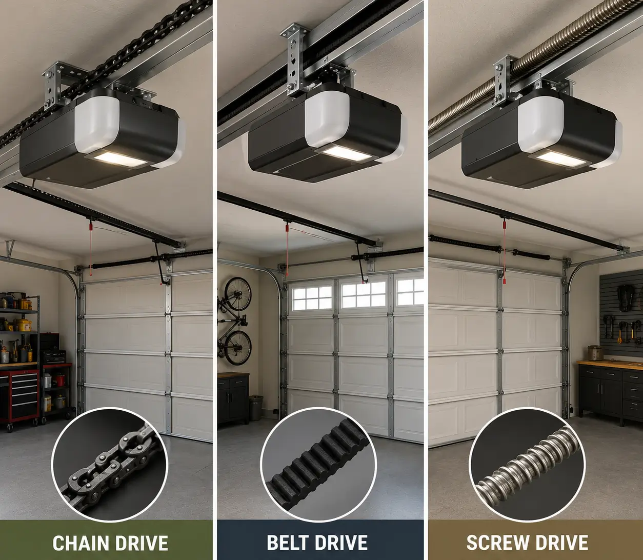 Comparison of chain drive belt drive and screw drive garage door opener systems in Fortville IN