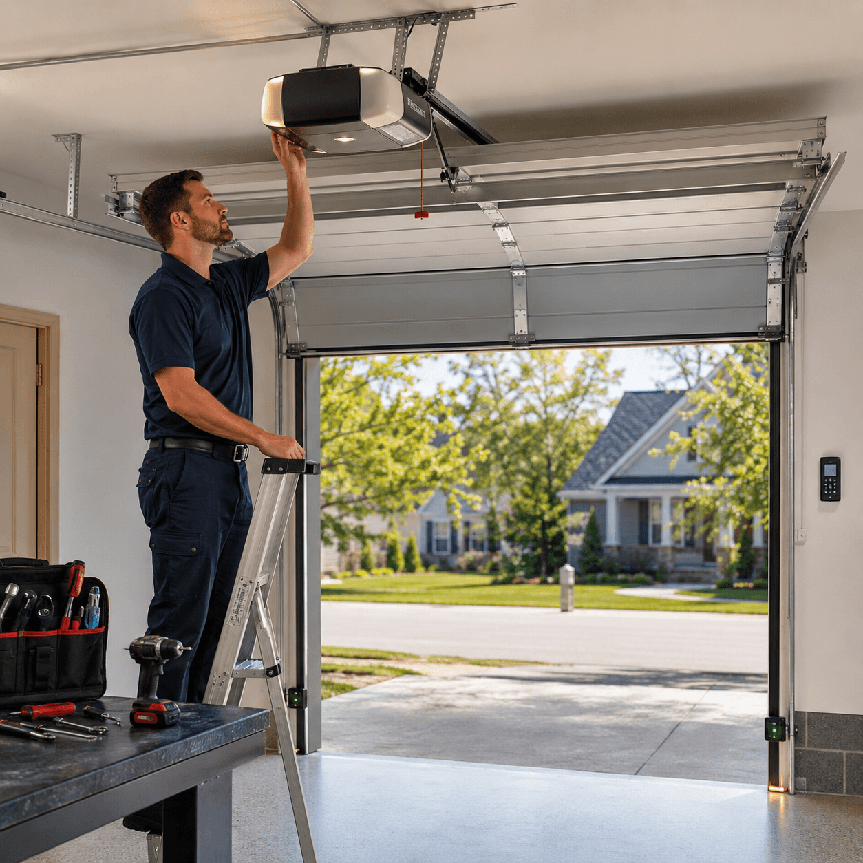 Garage door technician inspecting a residential garage door opener and safety system in Fortville IN