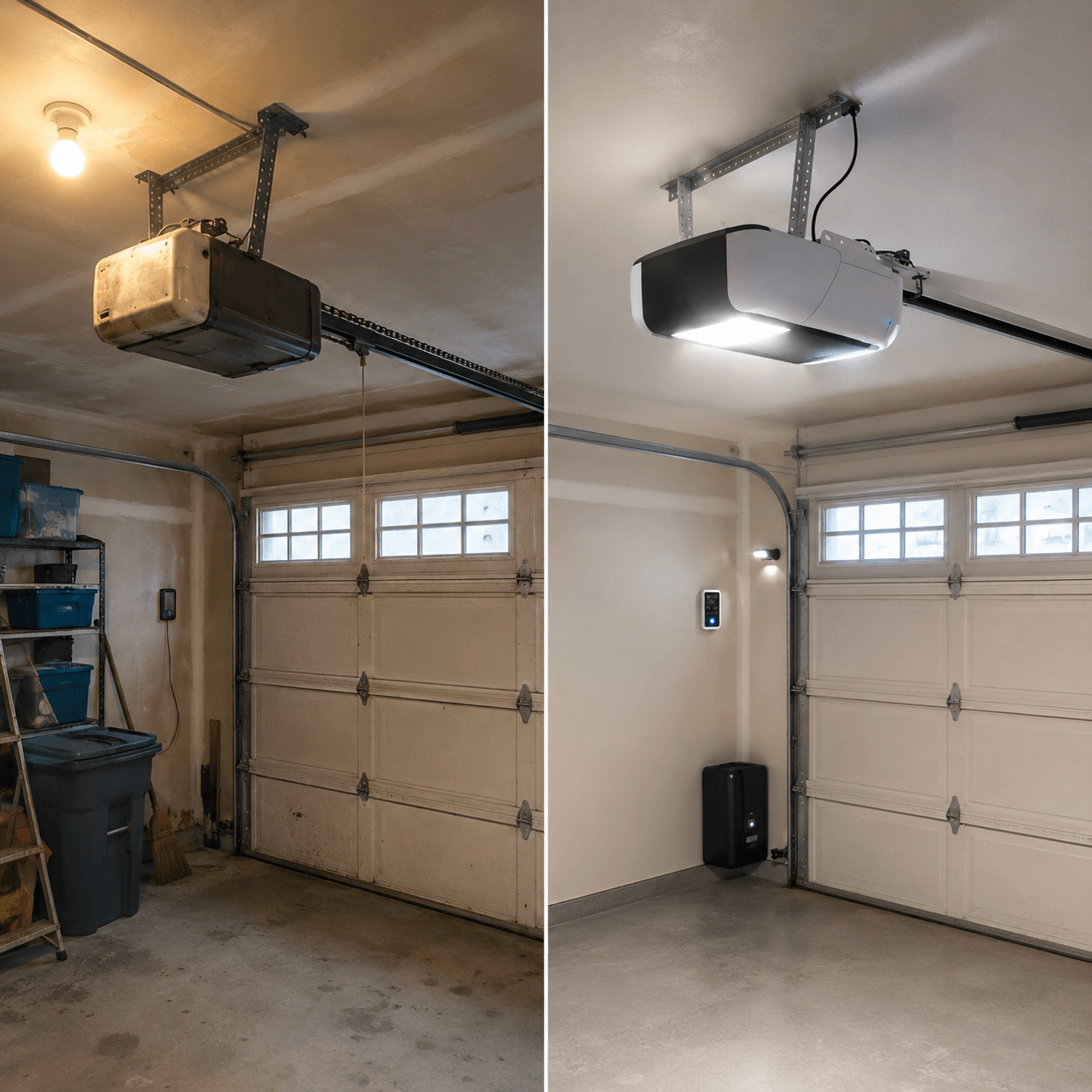 Before and after comparison of an old garage door opener and a modern smart garage door opener in Fortville IN
