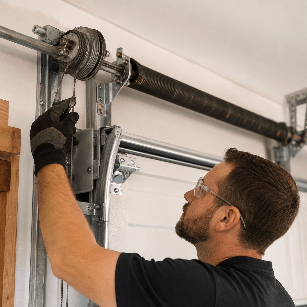 Garage door technician inspecting lift cables drums and spring hardware for safer operation in Fortville IN