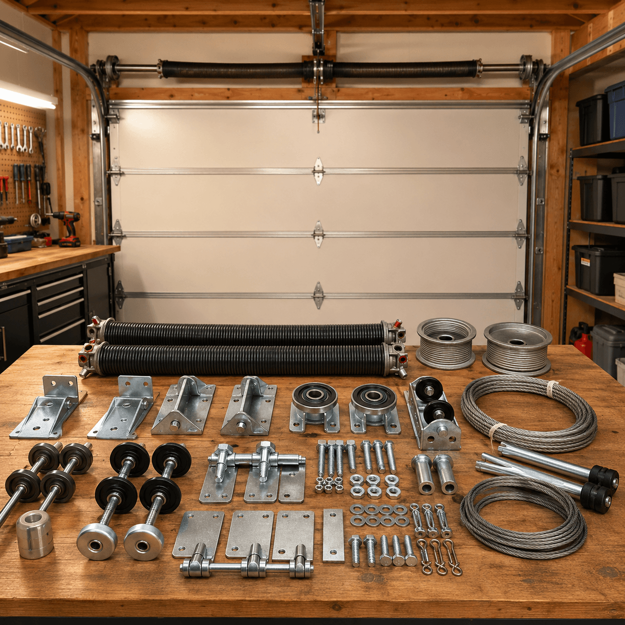 Garage door parts including springs rollers hinges cables drums brackets bearings and hardware arranged in a Fortville IN garage workshop