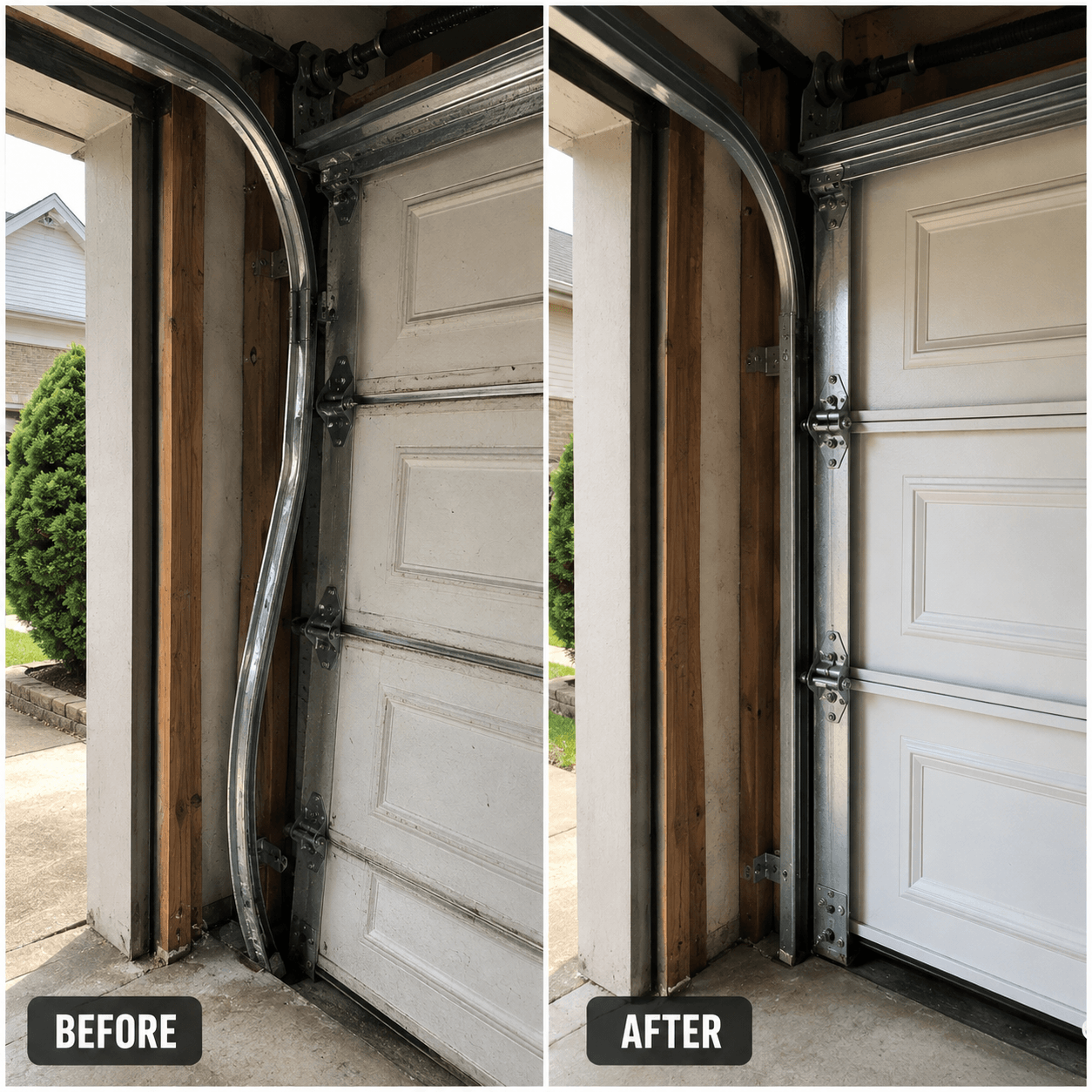 Before and after comparison of a bent garage door track and a properly aligned track in Fortville IN