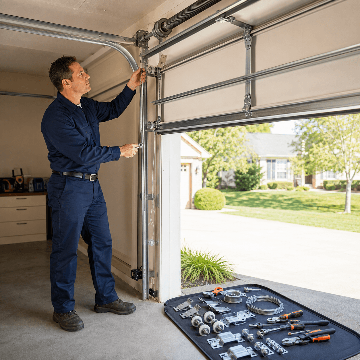 Technician inspecting garage door tracks, rollers, cables and replacement hardware in Fortville Indiana
