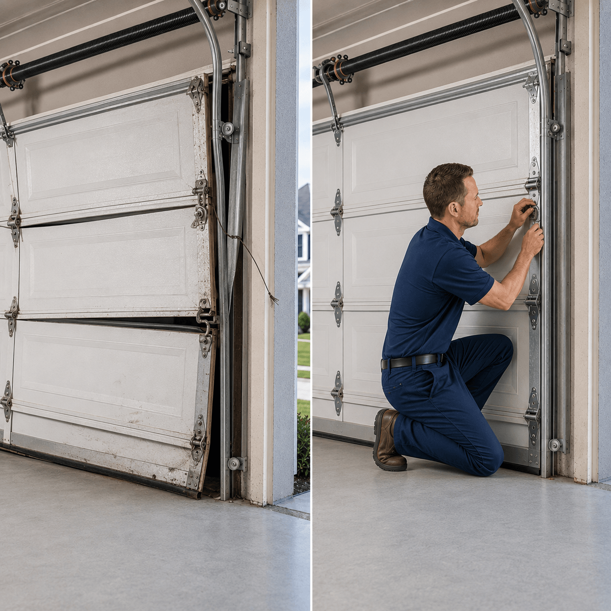Damaged garage door before repair and fully restored garage door after professional service