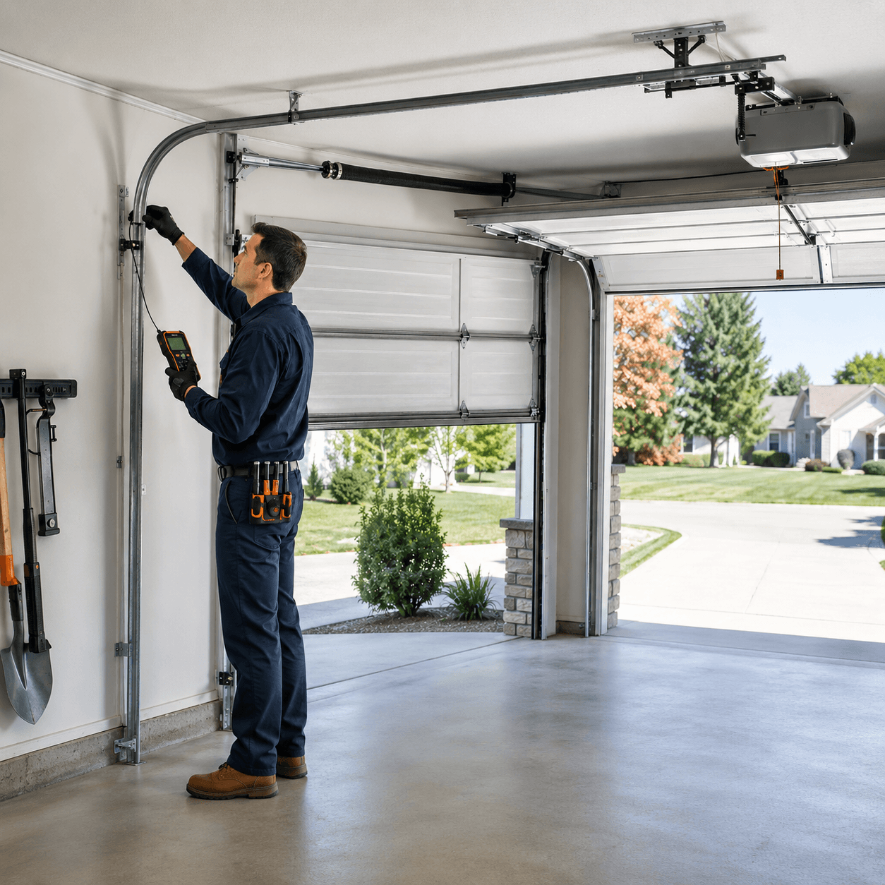 Technician performing an accurate garage door diagnostic inspection in Fortville Indiana