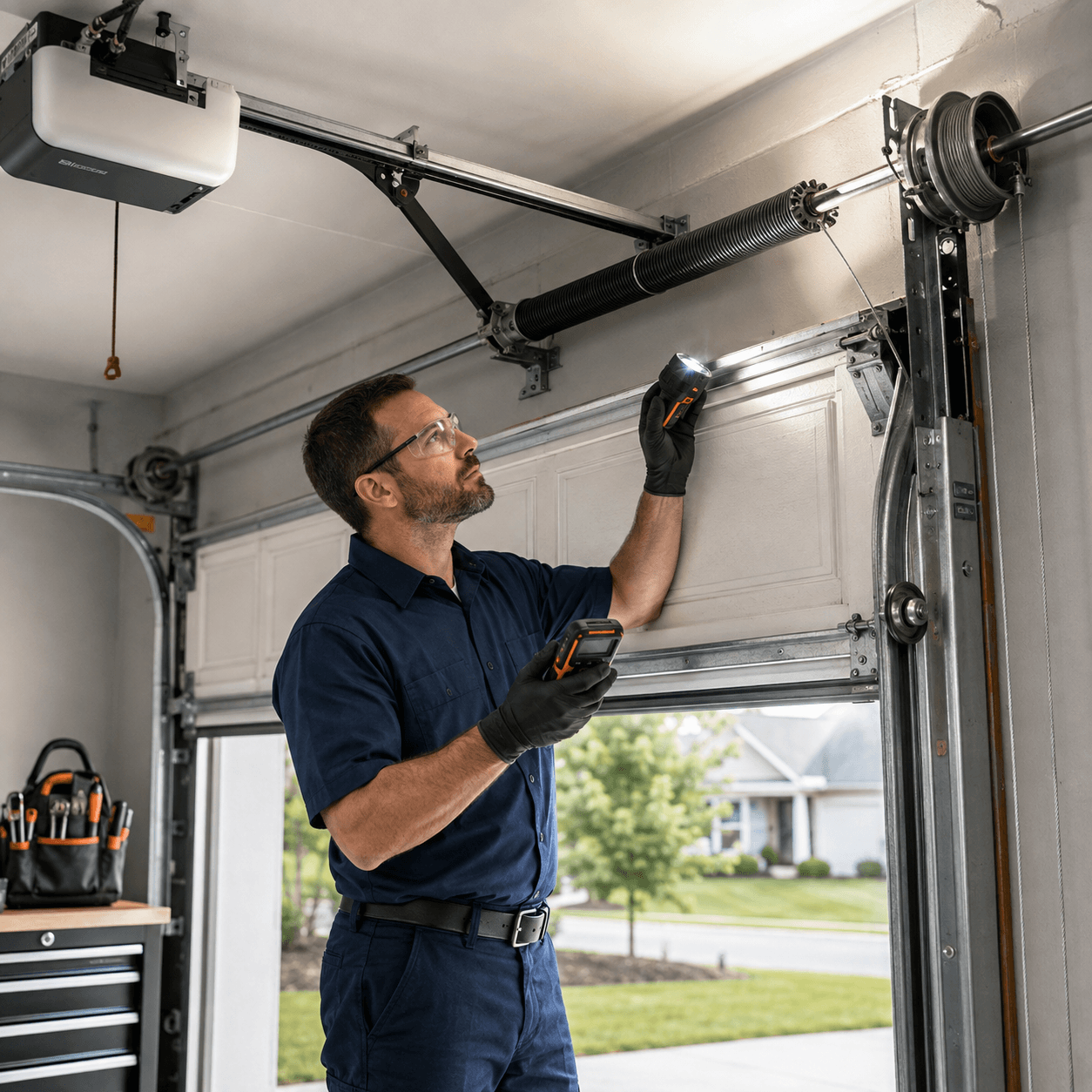 Technician inspecting hidden garage door faults in Fortville Indiana