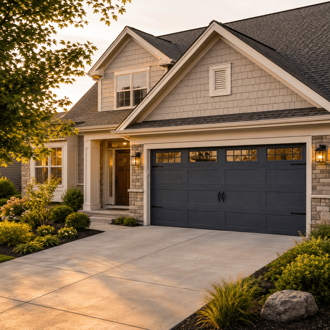 Elegant residential garage door coordinated with the roof, entryway and landscaping of a Fortville home