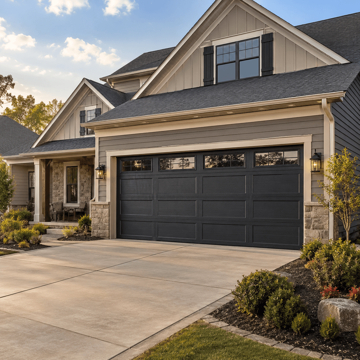 Modern residential garage door coordinated with the architecture and exterior finishes of a Fortville home