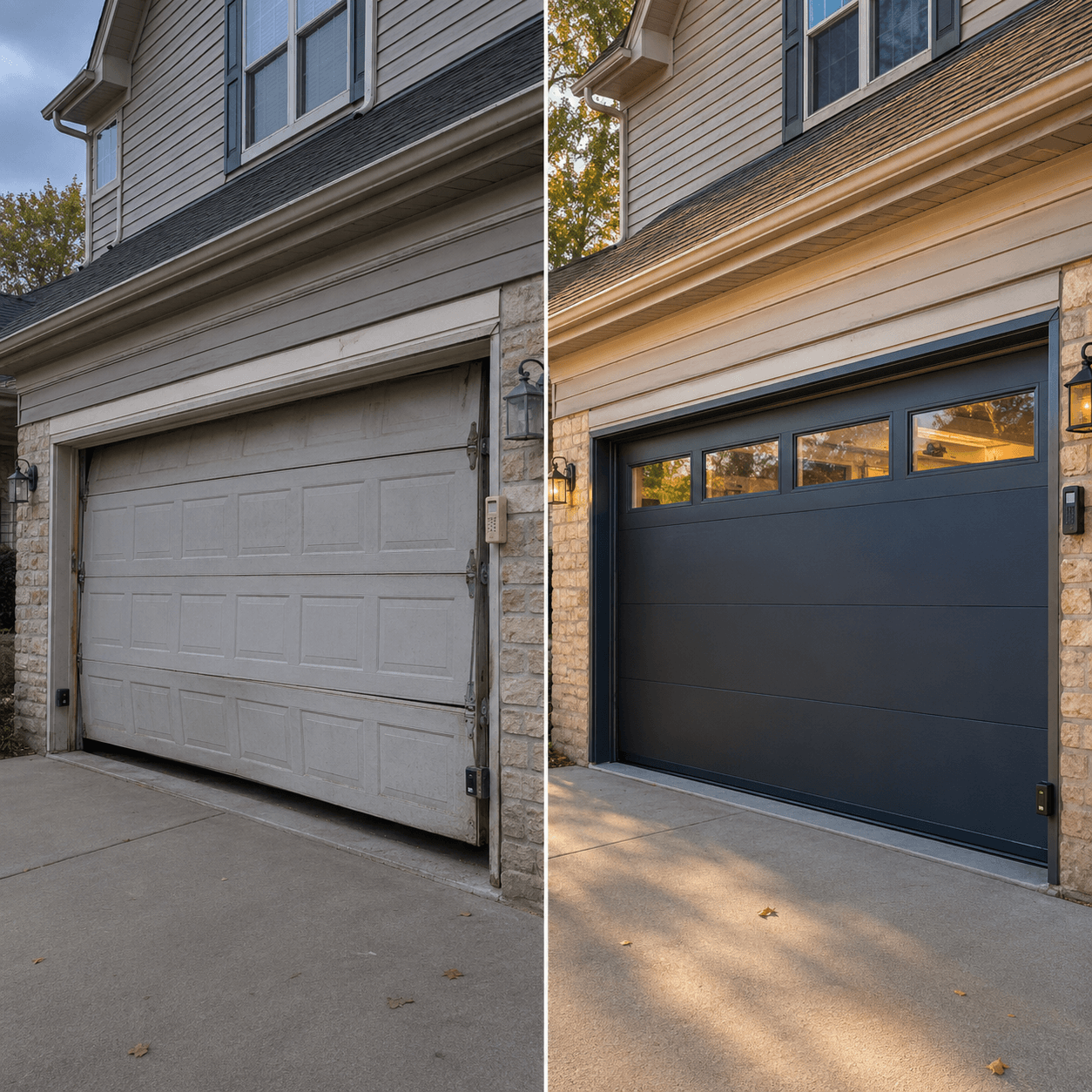 Before and after comparison of a worn garage door and a secure modern residential garage door with keypad access
