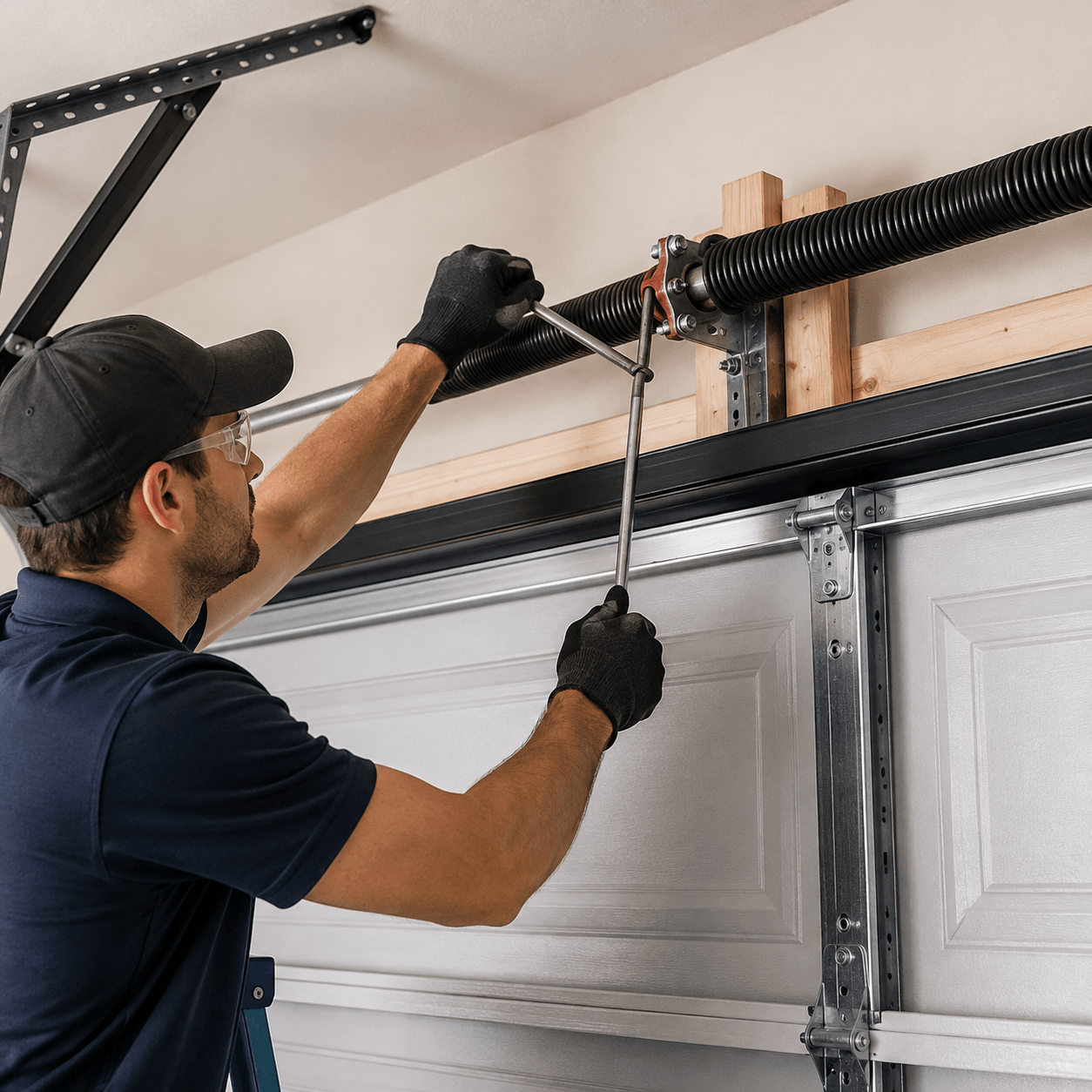 Garage door technician adjusting a torsion spring system for balanced and reliable operation in Fortville IN