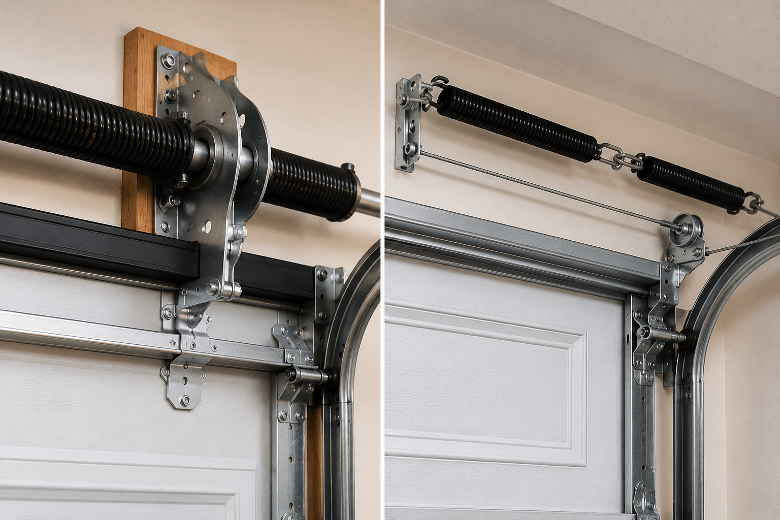 Side by side comparison of torsion and extension garage door spring systems in Fortville IN