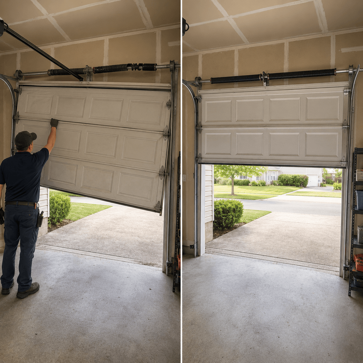 Before and after comparison of a weak garage door spring system and a repaired spring in Fortville IN